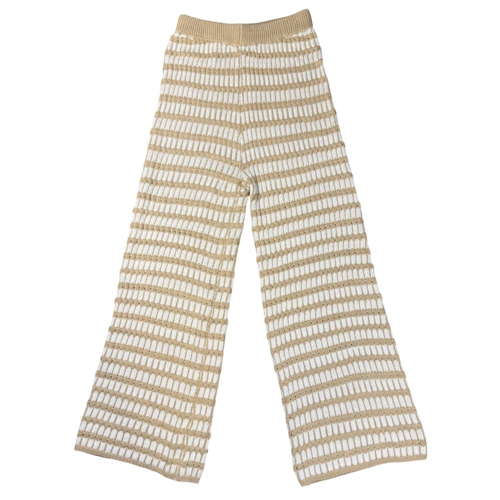 Beachy Striped Knit Wide Leg Pants High Rise Coastal Grandma Boho Lounge Elastic